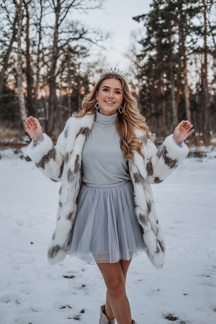 Silver tulle dress with a faux-fur coat winter birthday outfit