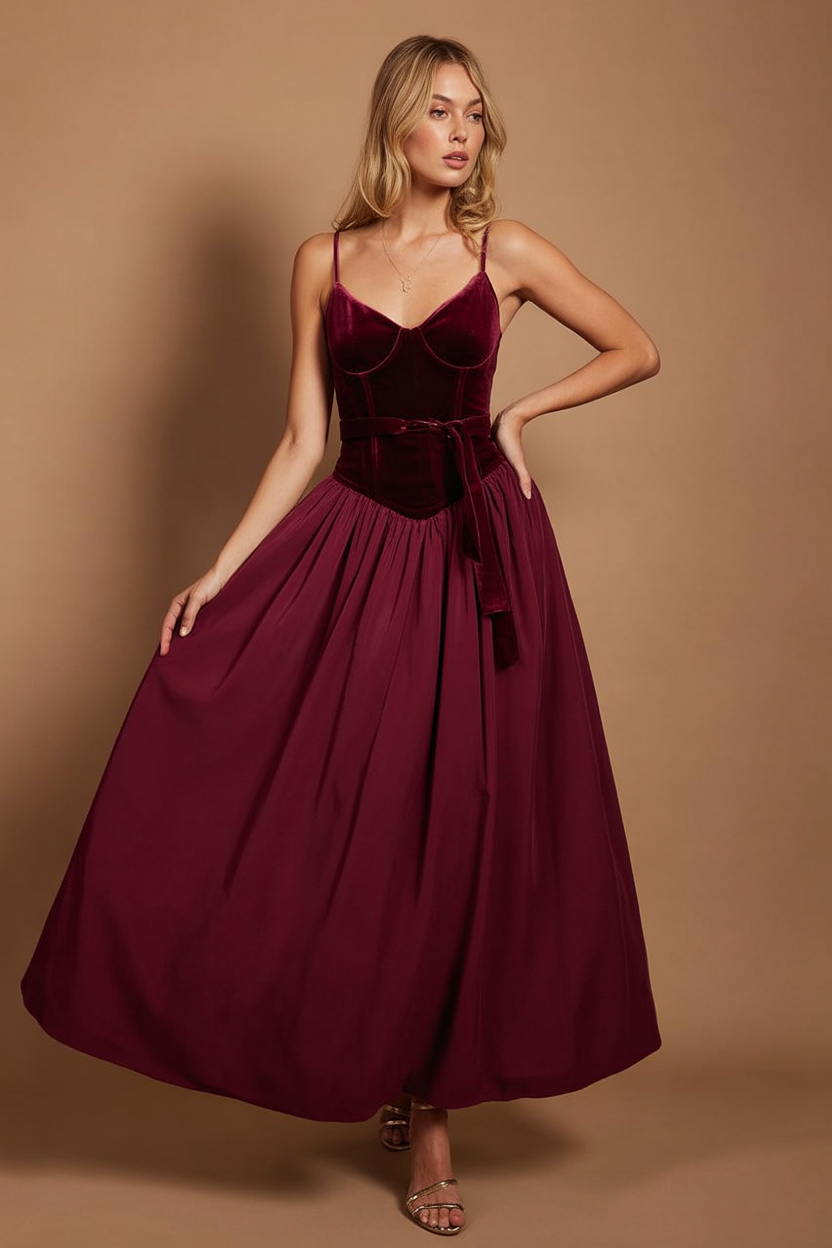 Deep berry velvet ballgown with corset bodice formal outfit