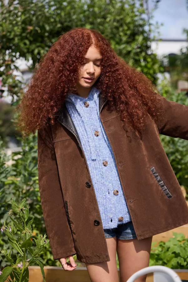 Mid-Length Brown Suede Jacket with a Blue Knit and Denim Shorts jacket outfit