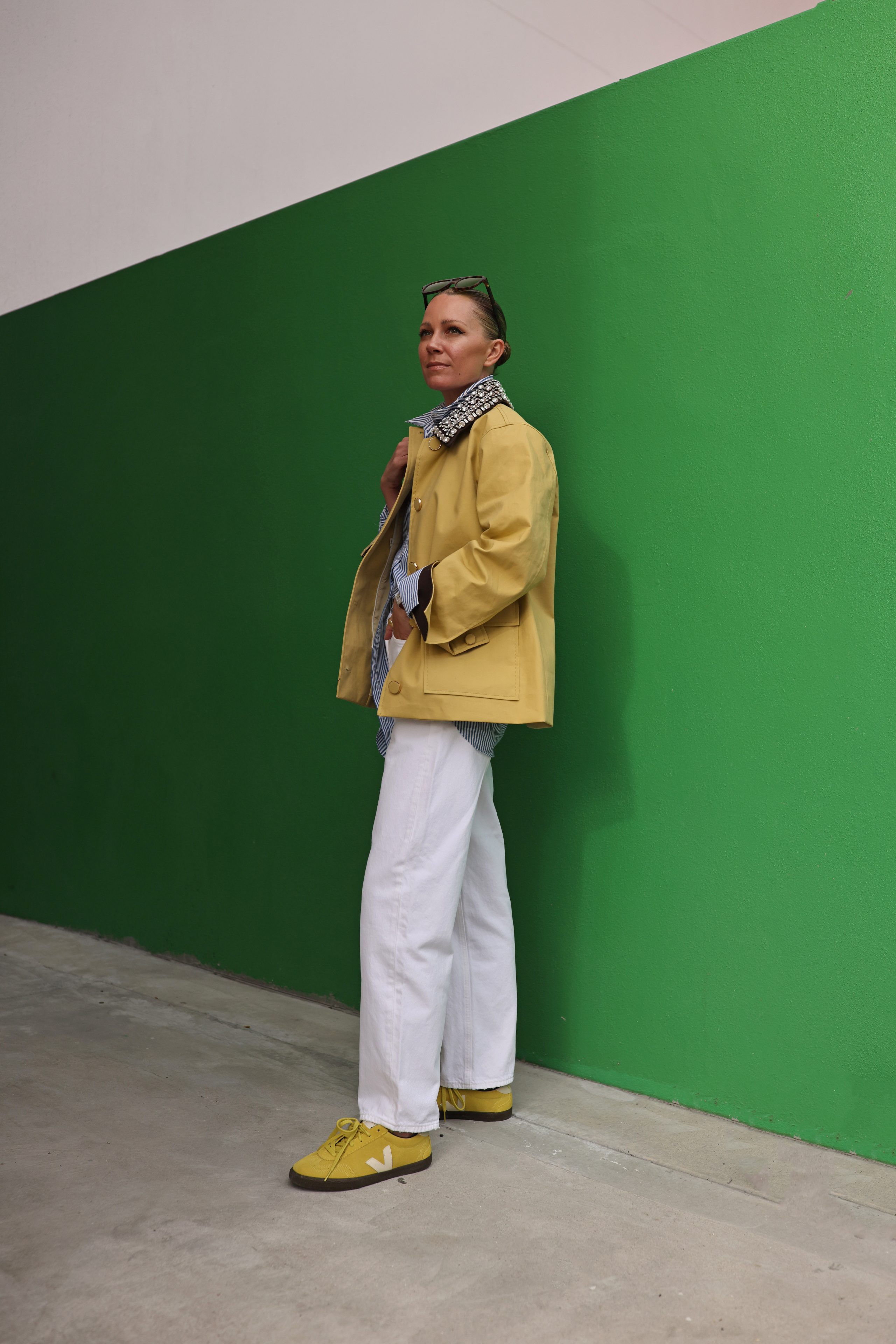 White Denim with an Embellished Barn Coat baggy outfit