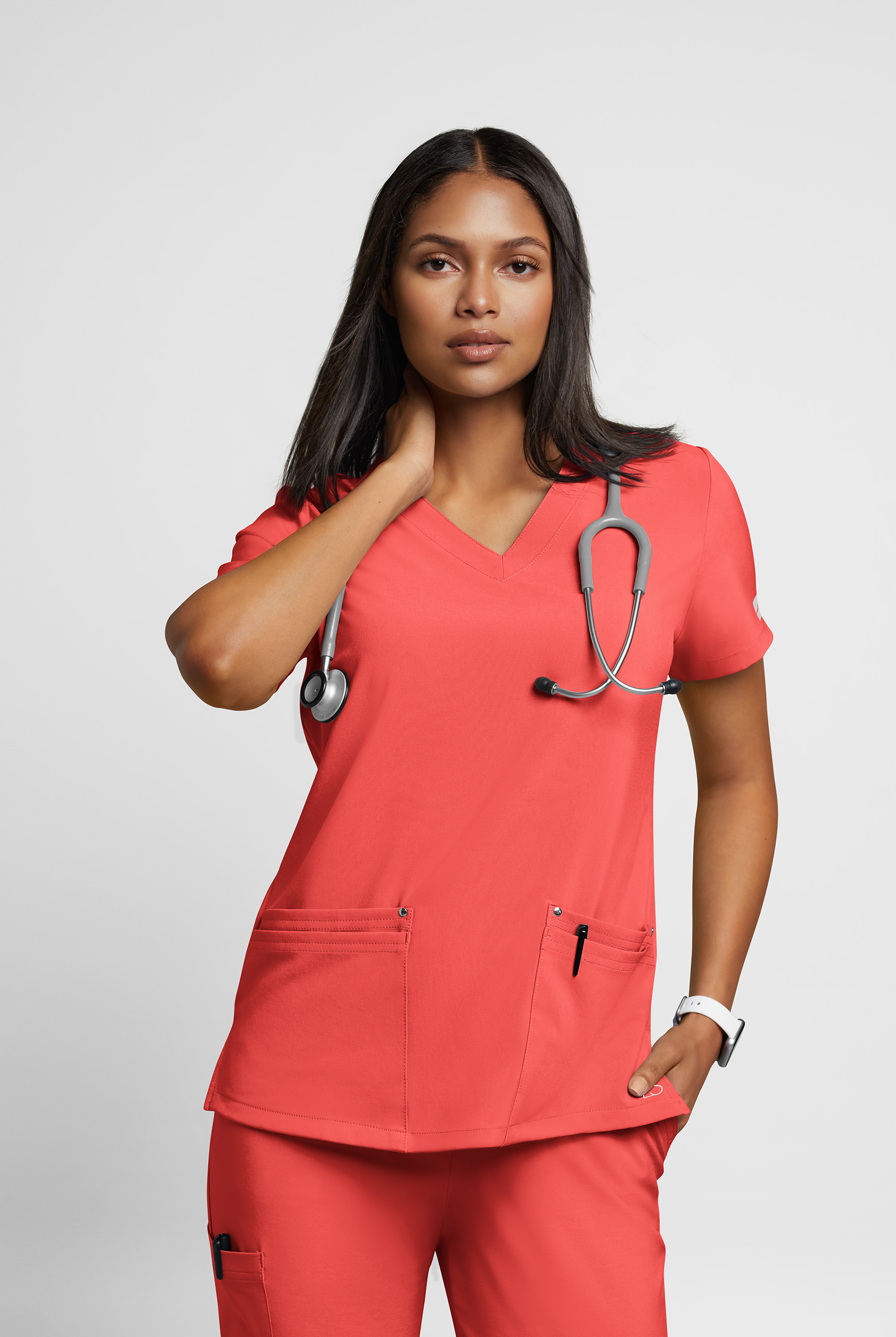 Coral Henley Scrub Top scrubs outfit