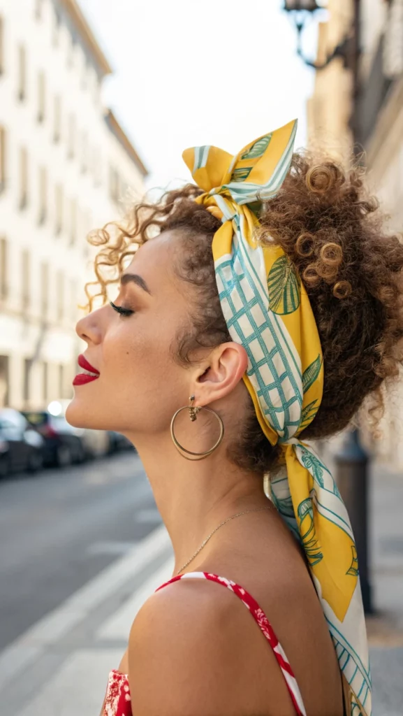 Bandana wrapped around voluminous natural curls