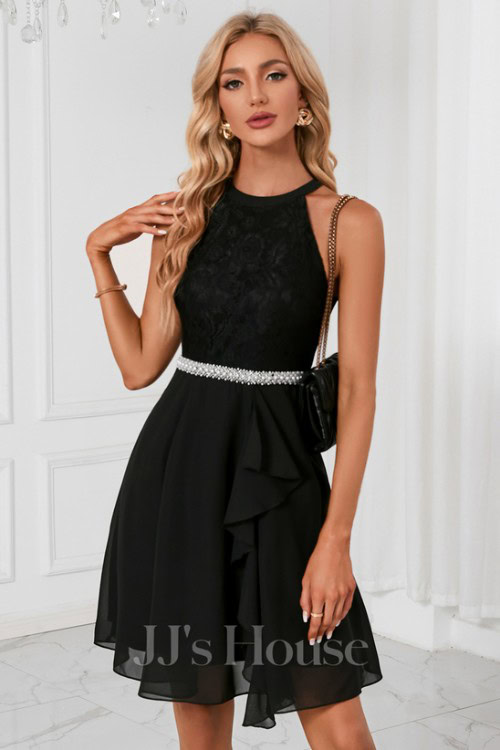 Black mini dress with a beaded waistband first date outfit