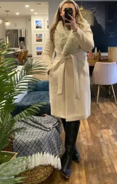 Cream Belted Wool Coat With Black Boots winter outfit