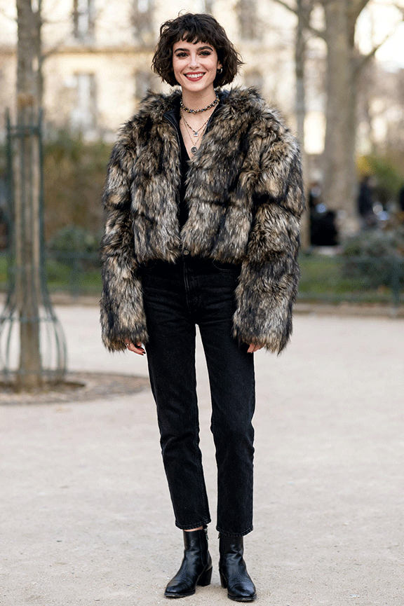 Faux Fur Coat with Black Jeans inspiration photo