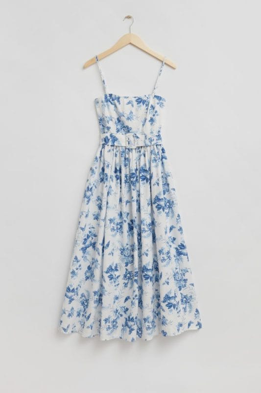 Blue and white floral belted midi dress with a full skirt
