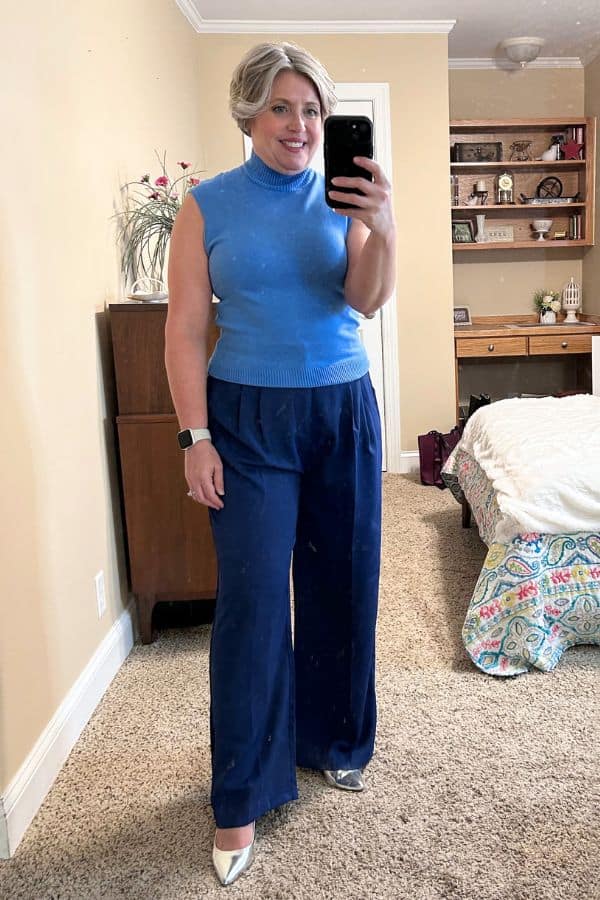 Bright Mock Neck Sweater with Wide-Leg Trousers teacher outfit