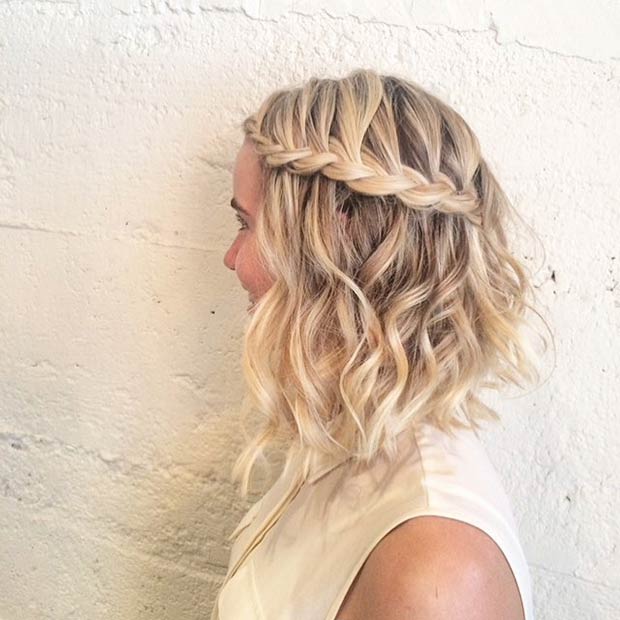 Super-Wavy A-Line Lob with a Loose Front Braid lob haircut