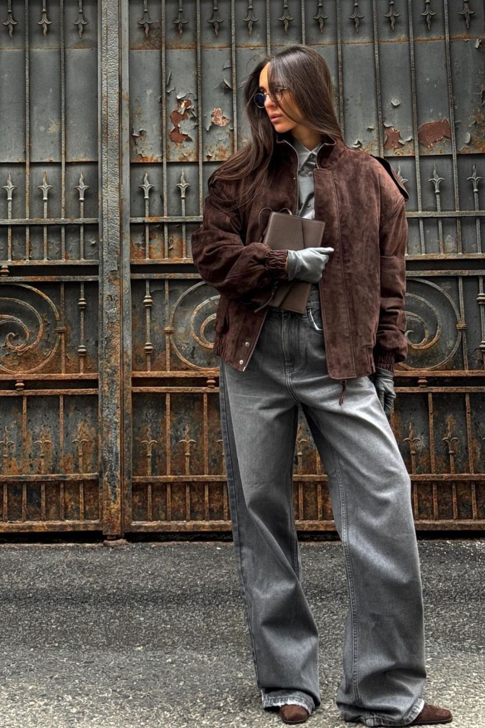 Brown suede jacket with grey wide-leg jeans brown outfit