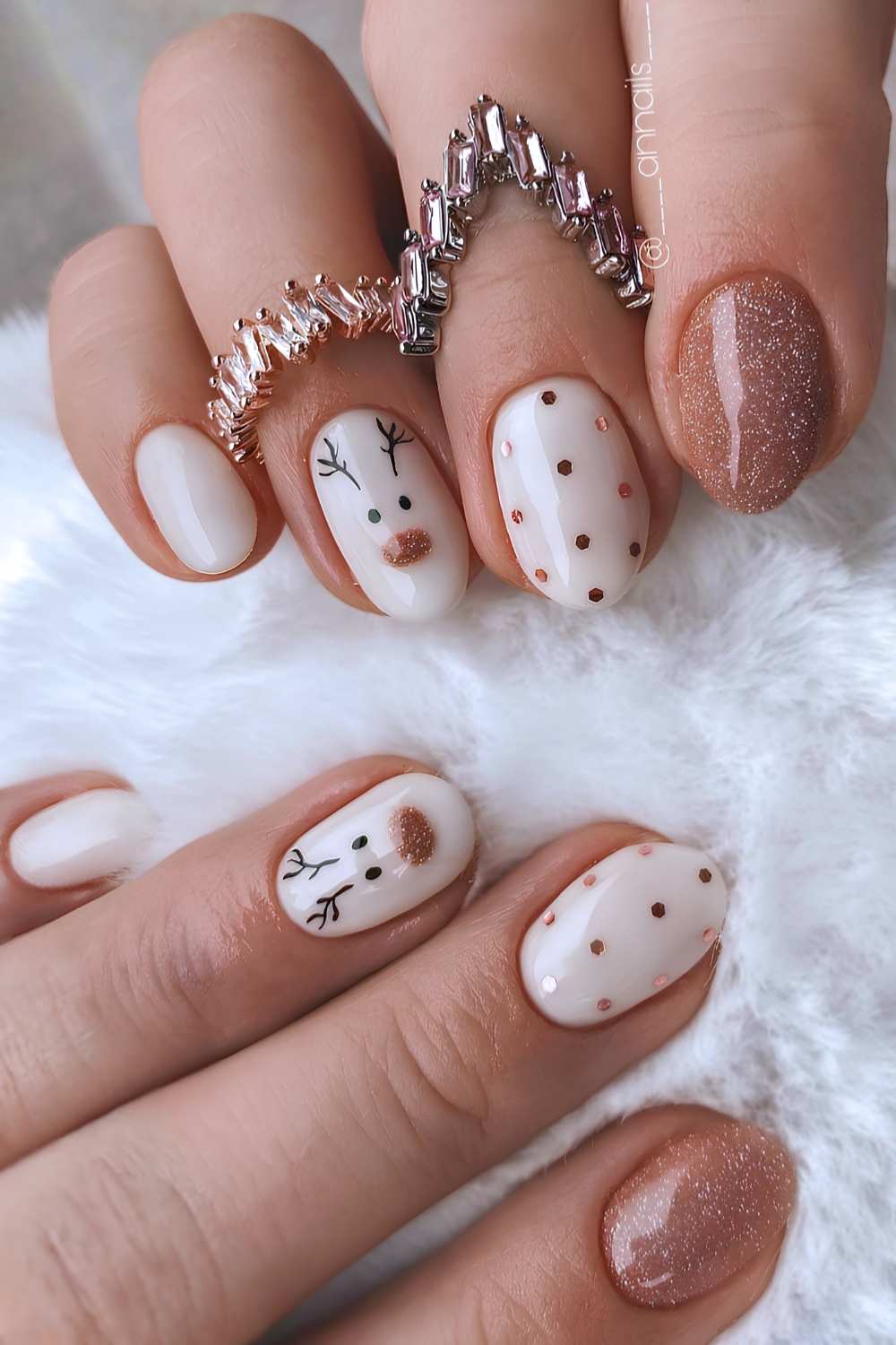 Short Almond Nails with Brown Glitter, Polka Dots and Reindeer Art holiday nails