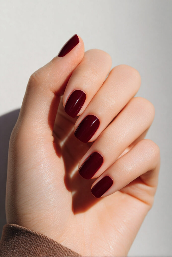 Burgundy matte velvet nails manicure