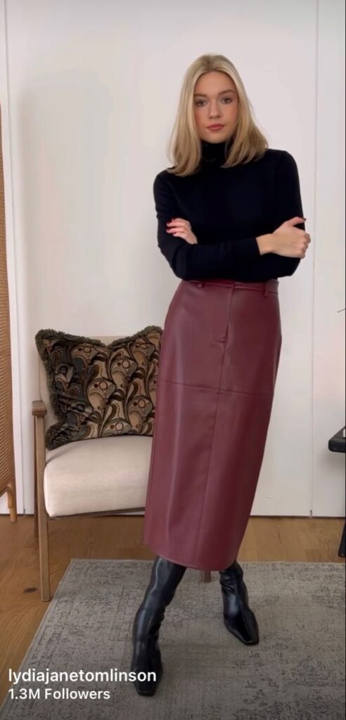 Burgundy Satin Midi Skirt with a Soft Sweater maroon outfit