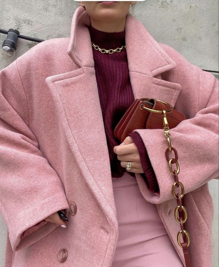 Soft Pink Knit Worn with a Burgundy Skirt maroon outfit