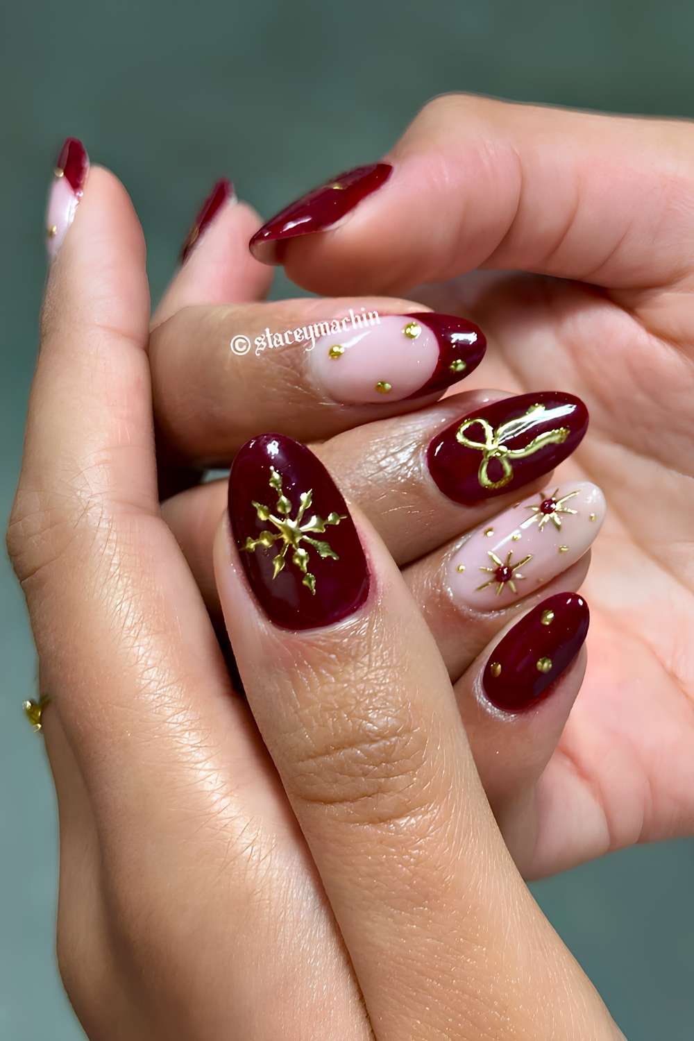 Burgundy Nails Brightened with Gold Holiday Art christmas acrylic nail design