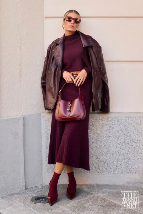 Head-to-Toe Burgundy in Mixed Textures maroon outfit