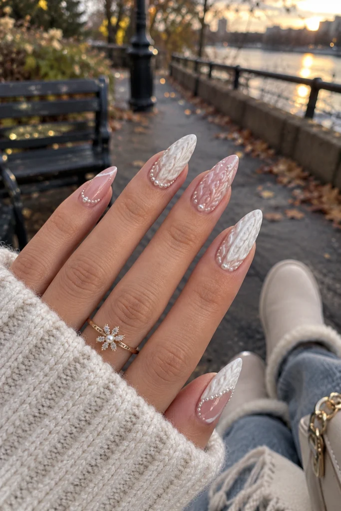 Pearl-Finish Pink Sweater Nails with Winter Sparkle sweater nail art design