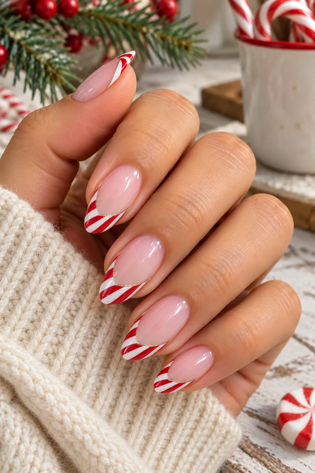 Candy Cane French Tip Almond Nails almond winter nail design