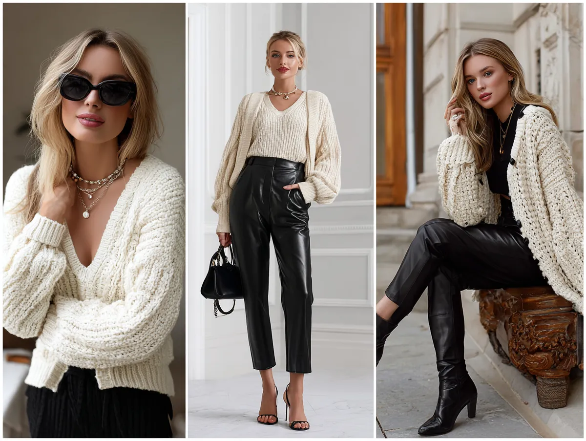 Cream cardigan with black leather pants errands outfit