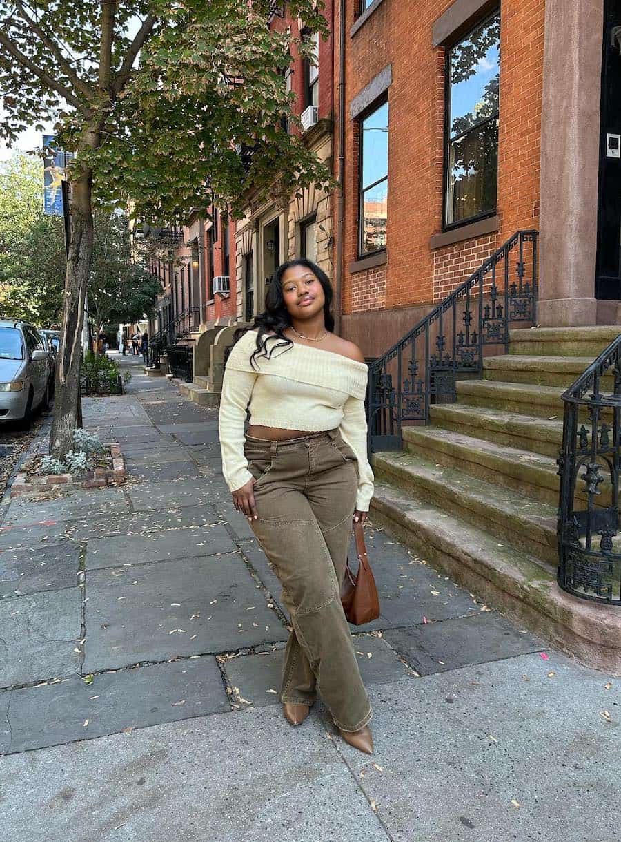 Brown Cargo Pants with an Off-the-Shoulder Top baggy outfit