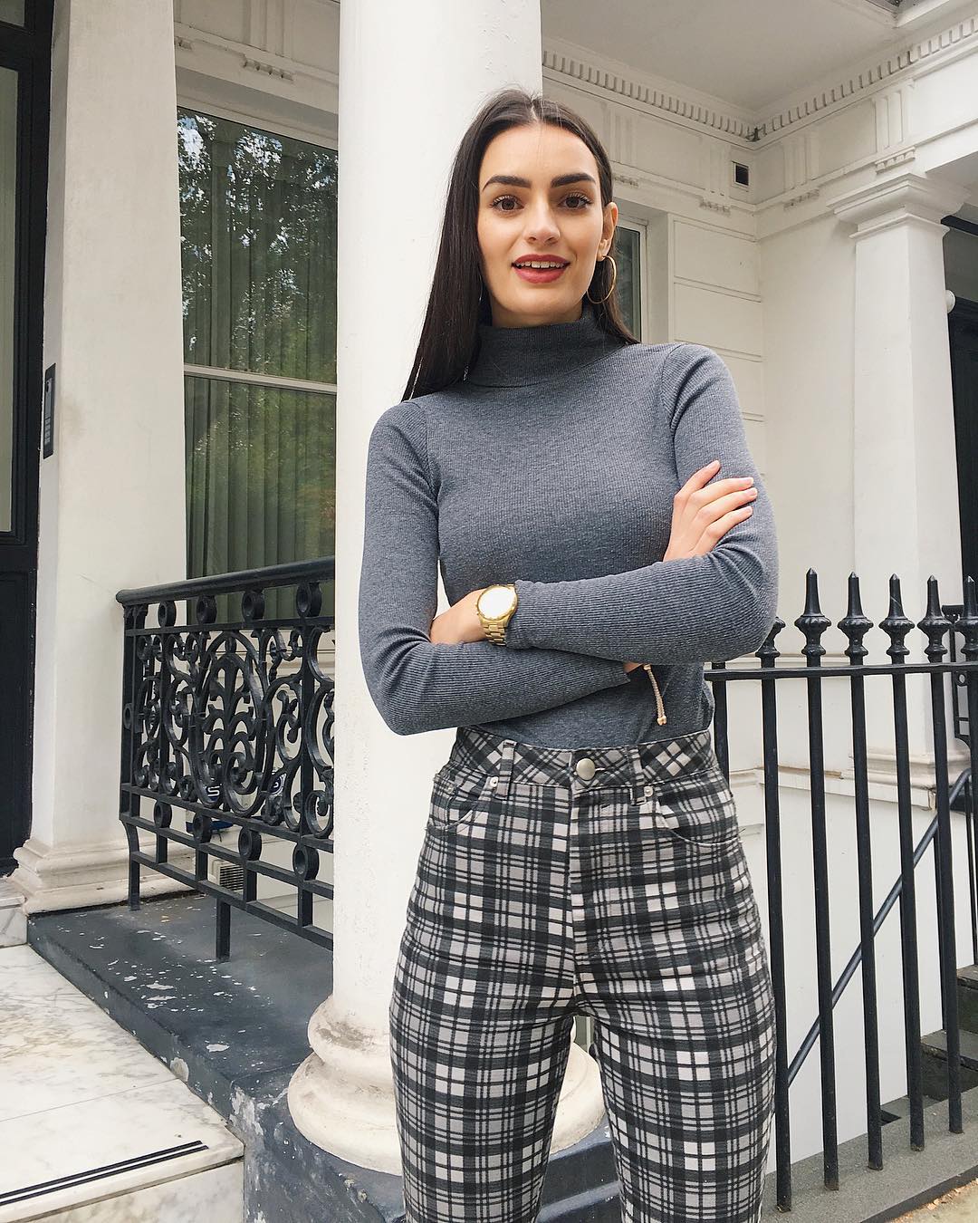Charcoal knit with checked trousers job interview outfit