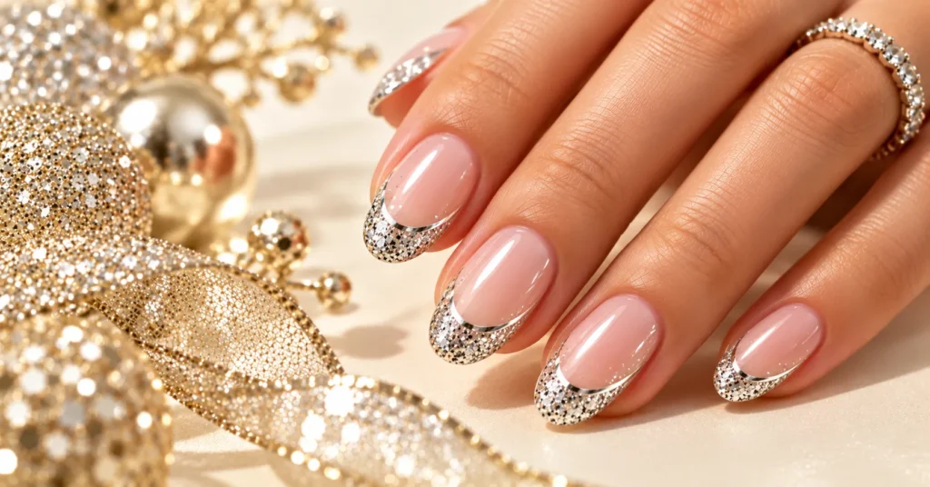 Silver Glitter French on Sheer Pink simple new years nails design