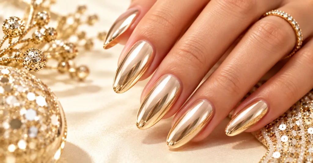 Liquid Champagne Chrome on Almond Nails simple new years nails design