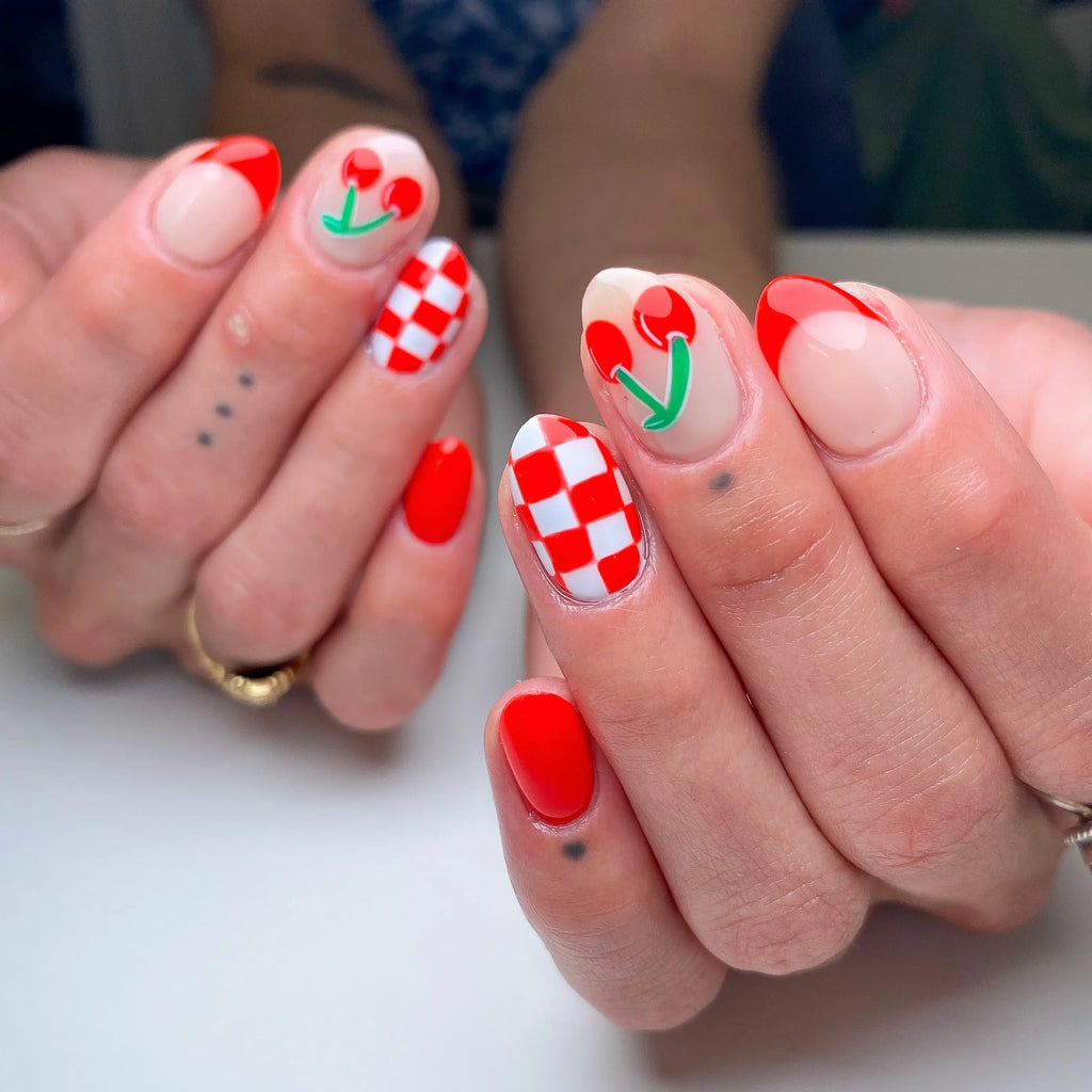 Red and Pink Checkerboard with Tiny Hearts red nail design