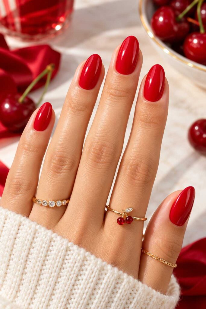 Cherry Red Nails with a Juicy, Bright Finish red and white nail design