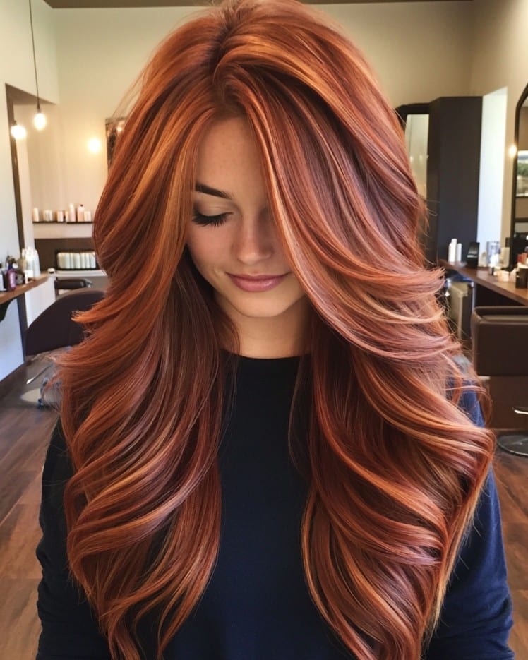 Straight chestnut red-brown hair with copper highlights