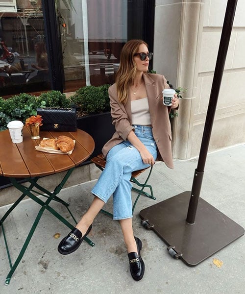 Nude Blazer, Cropped Jeans and Buckled Penny Loafers loafer outfit