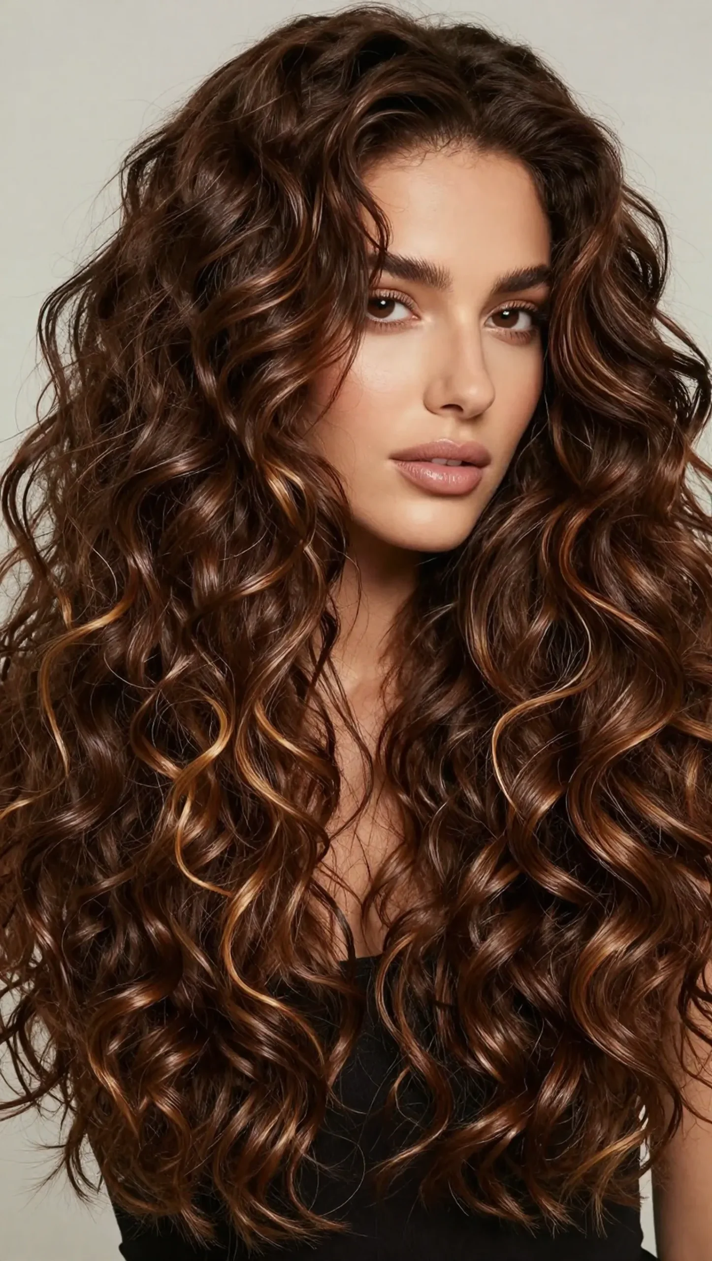 Chocolate brown curls with wet glossy finish