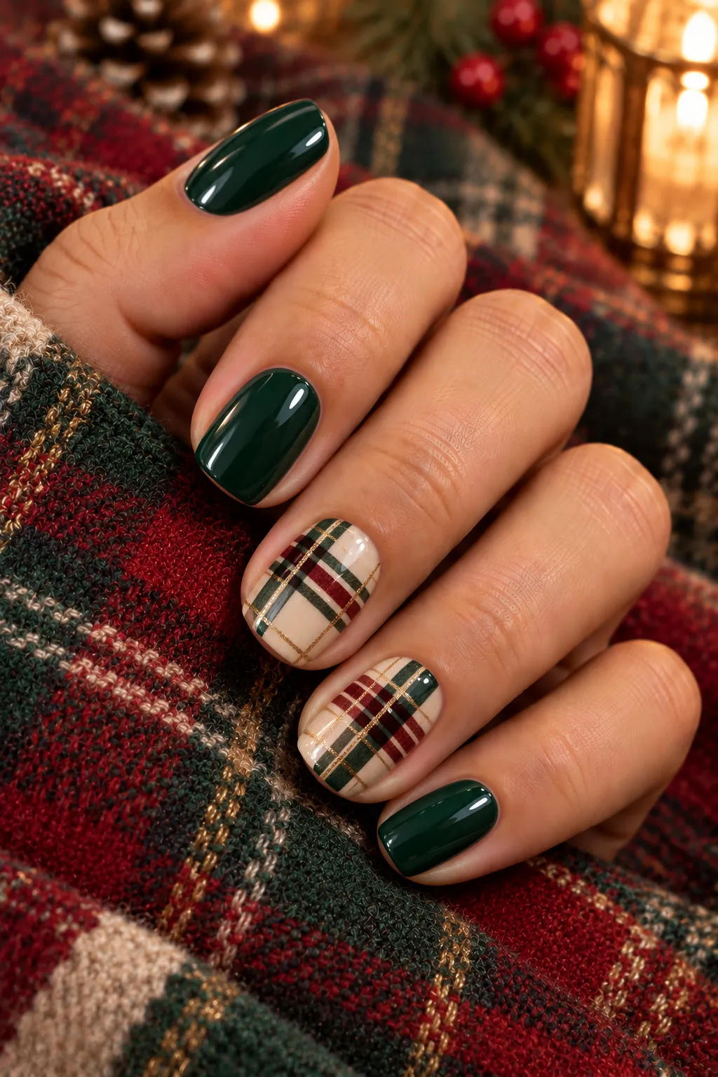 Cozy Christmas Plaid Almond Nails almond winter nail design