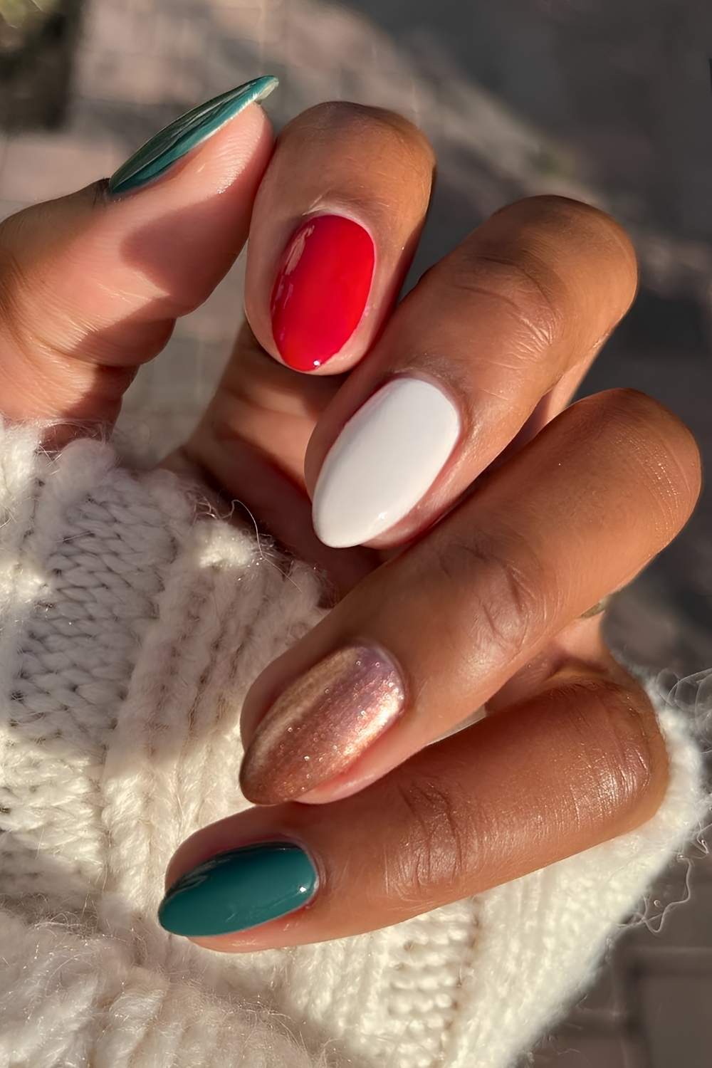 Holiday Skittle Nails in Red, Green, White and Gold Glitter holiday nails