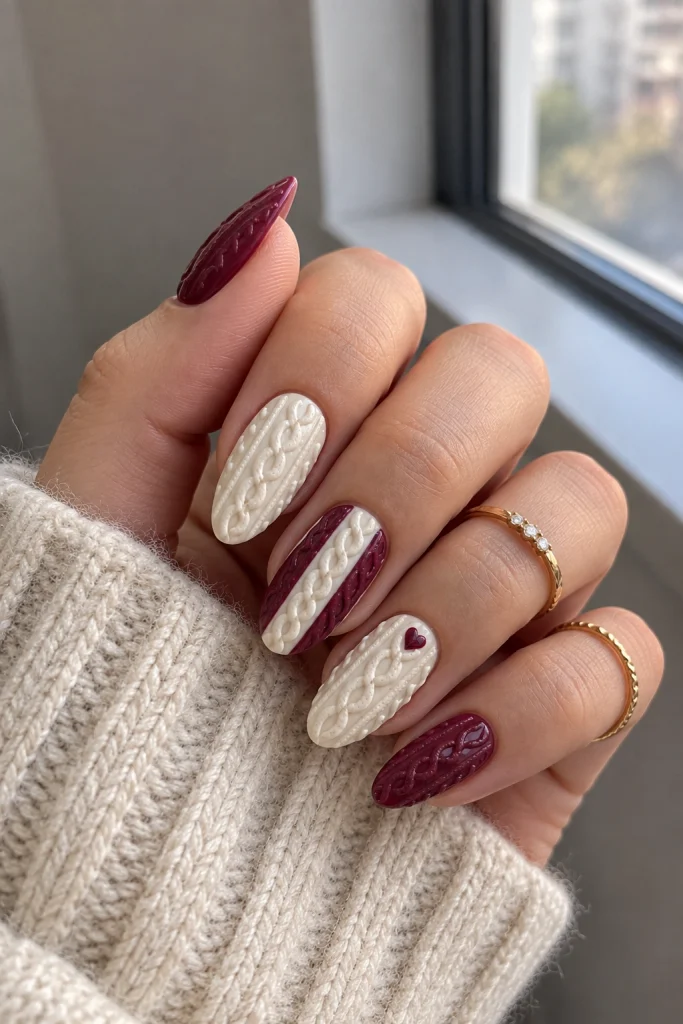 Burgundy Nails with Chunky Cream Cable-Knit Accents sweater nail art design