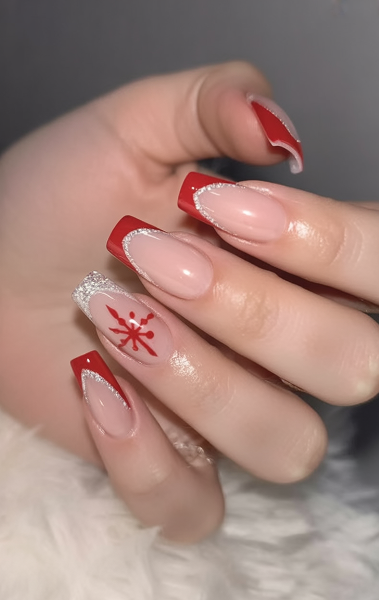Red and Silver Snowflake Square French Tips Christmas French tips nail design