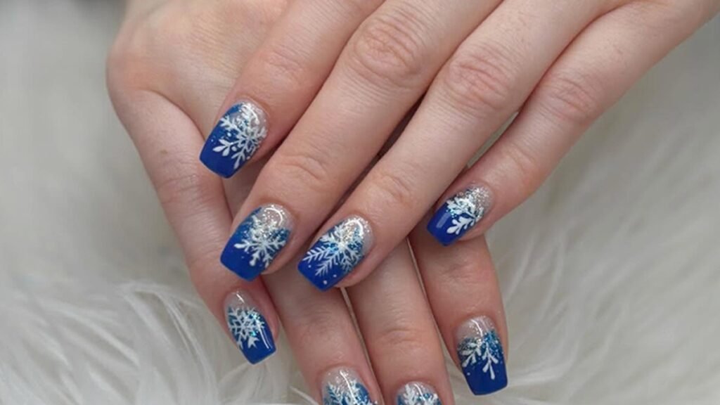 Classic Blue Glitter Ombre Square Nails snowflake nail design