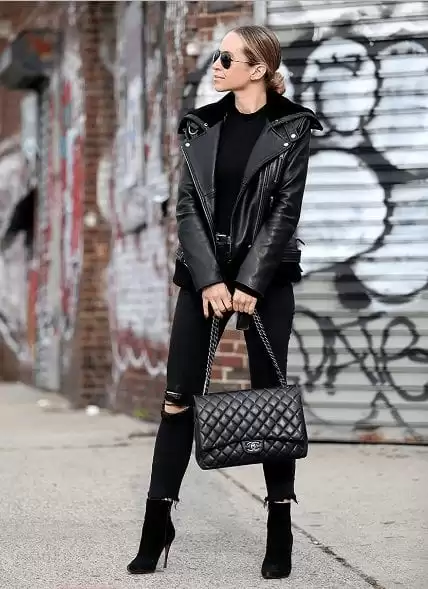 Black leather jacket and black jeans weekend outfit