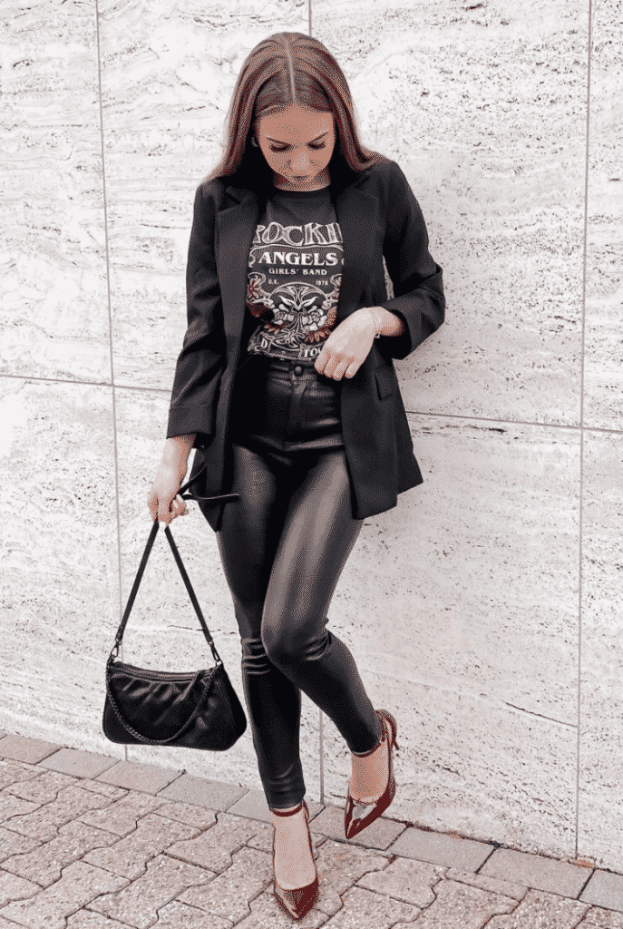 Black Blazer with a Graphic Tee and Leather Pants black outfit