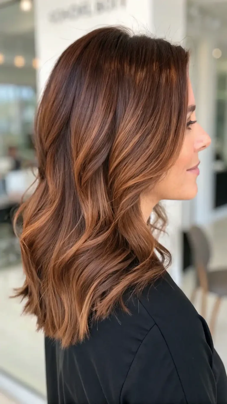 Copper brown hair with luminous highlights