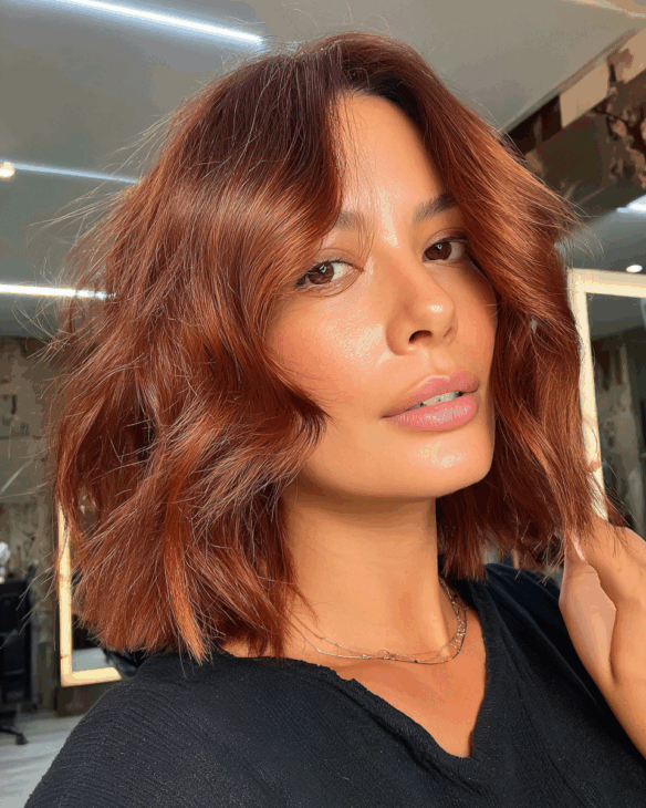 Polished copper bob with whispered highlights copper hair color