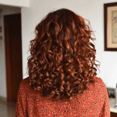 Tight copper curls with high-shine definition copper hair color