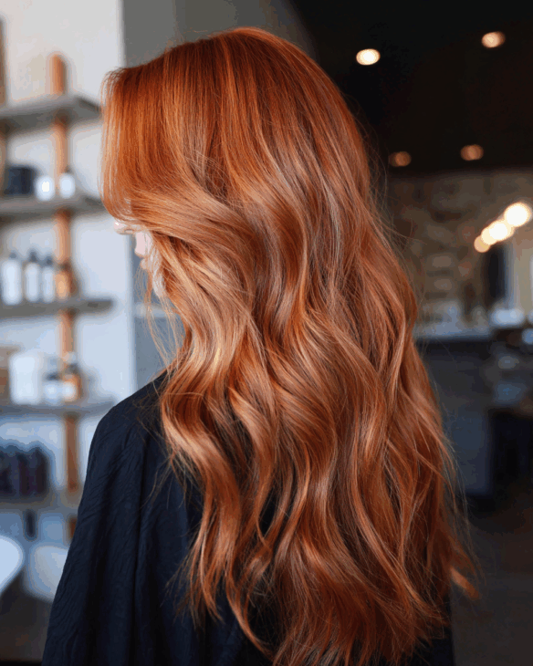 Long luminous copper waves that catch the light copper hair color