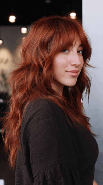 Relaxed copper shag with face-framing bangs copper hair color