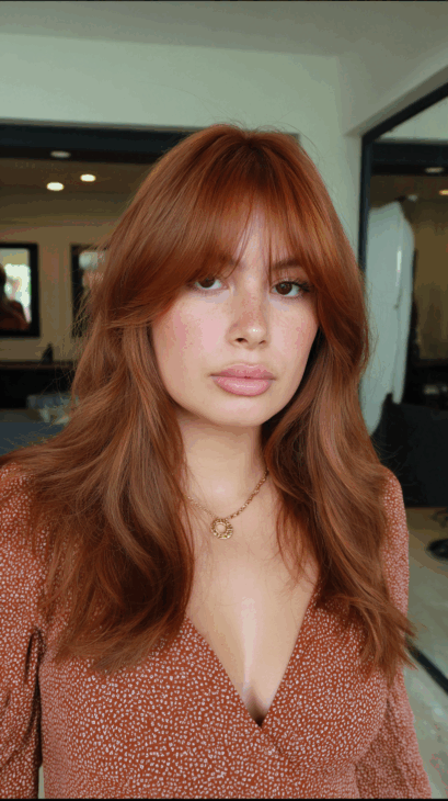 Soft copper layers with face-framing curtain bangs copper hair color