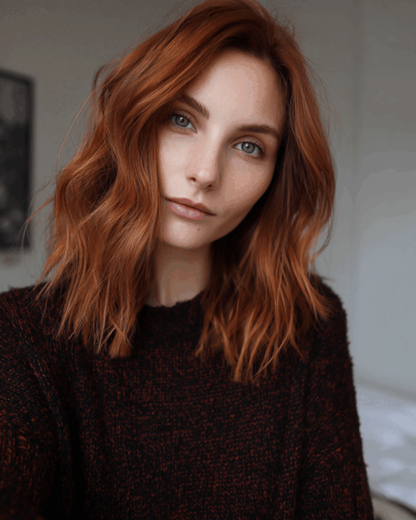 Tousled copper waves with a lived-in finish copper hair color