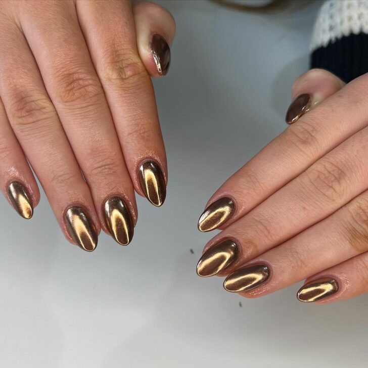 Warm Copper Chrome winter nail manicure