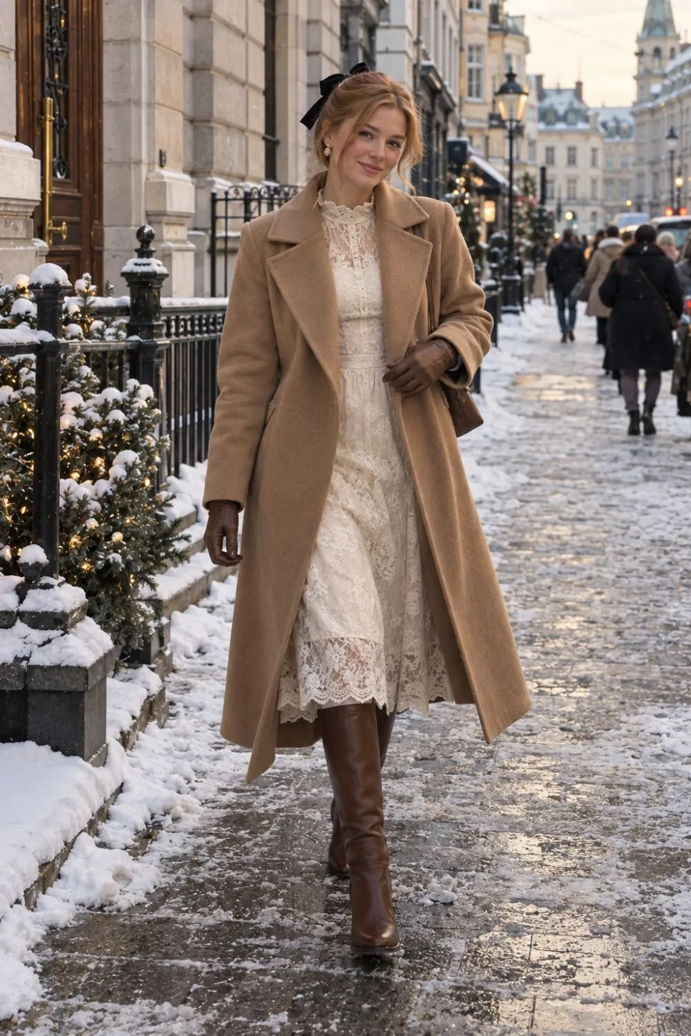 Long Wool Coat over a Lace Midi Dress coquette outfit