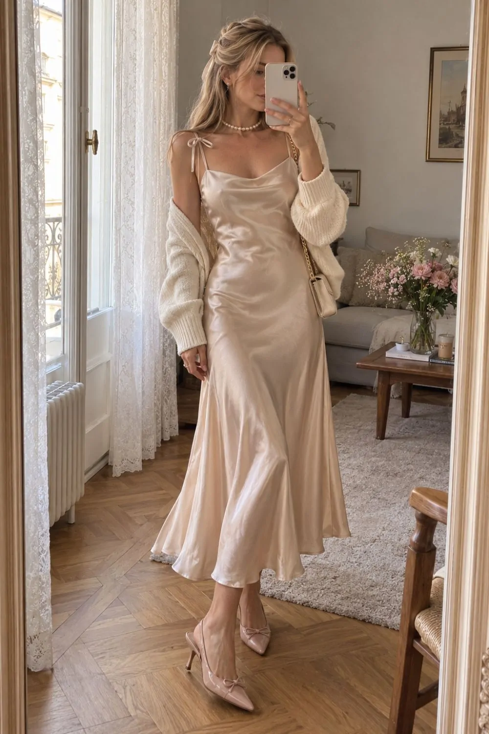 Champagne Satin Slip Dress with Ribbon Straps coquette outfit