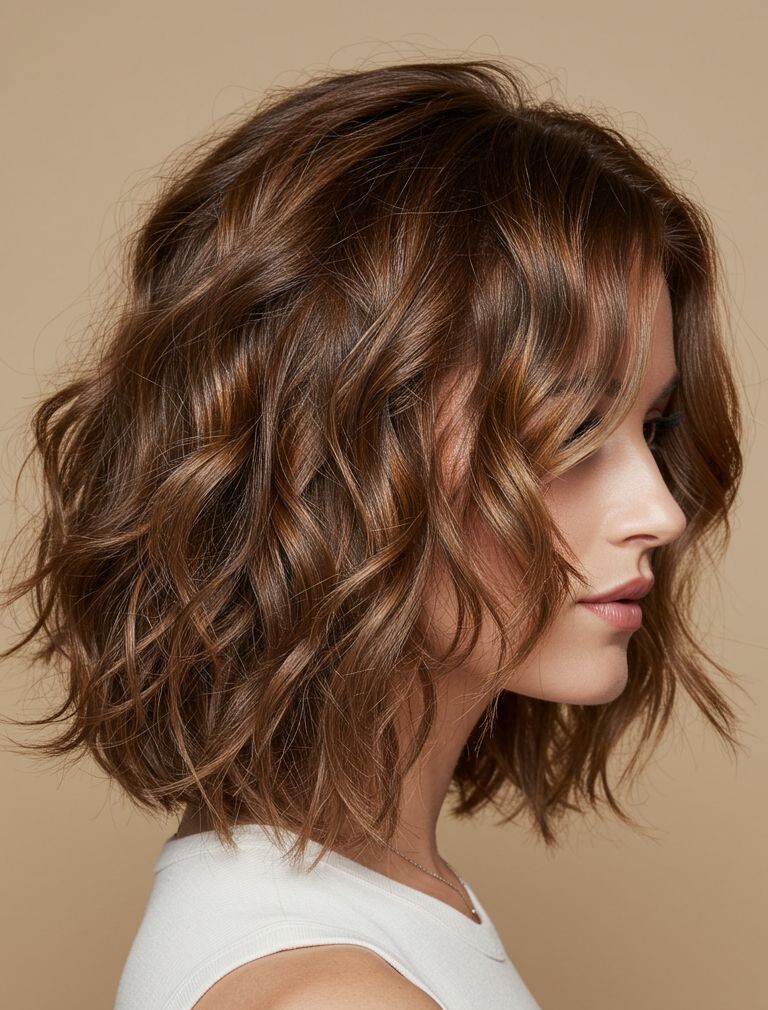 Side-swept fringe on curly lob haircut
