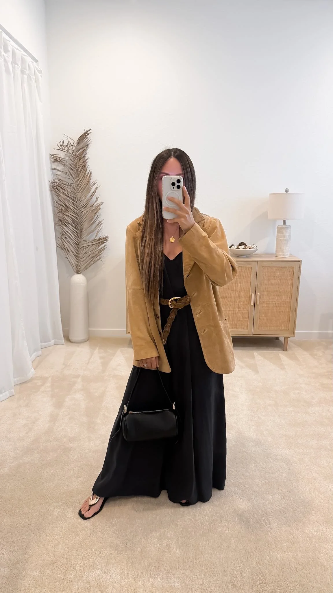Black maxi dress with a camel suede blazer
